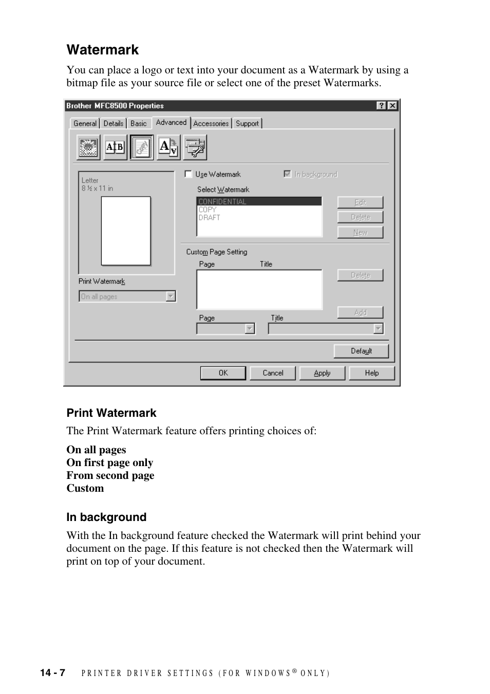 Watermark, Print watermark, In background | Watermark -7, Print watermark -7 in background -7 | Brother MFC-8500 User Manual | Page 122 / 234