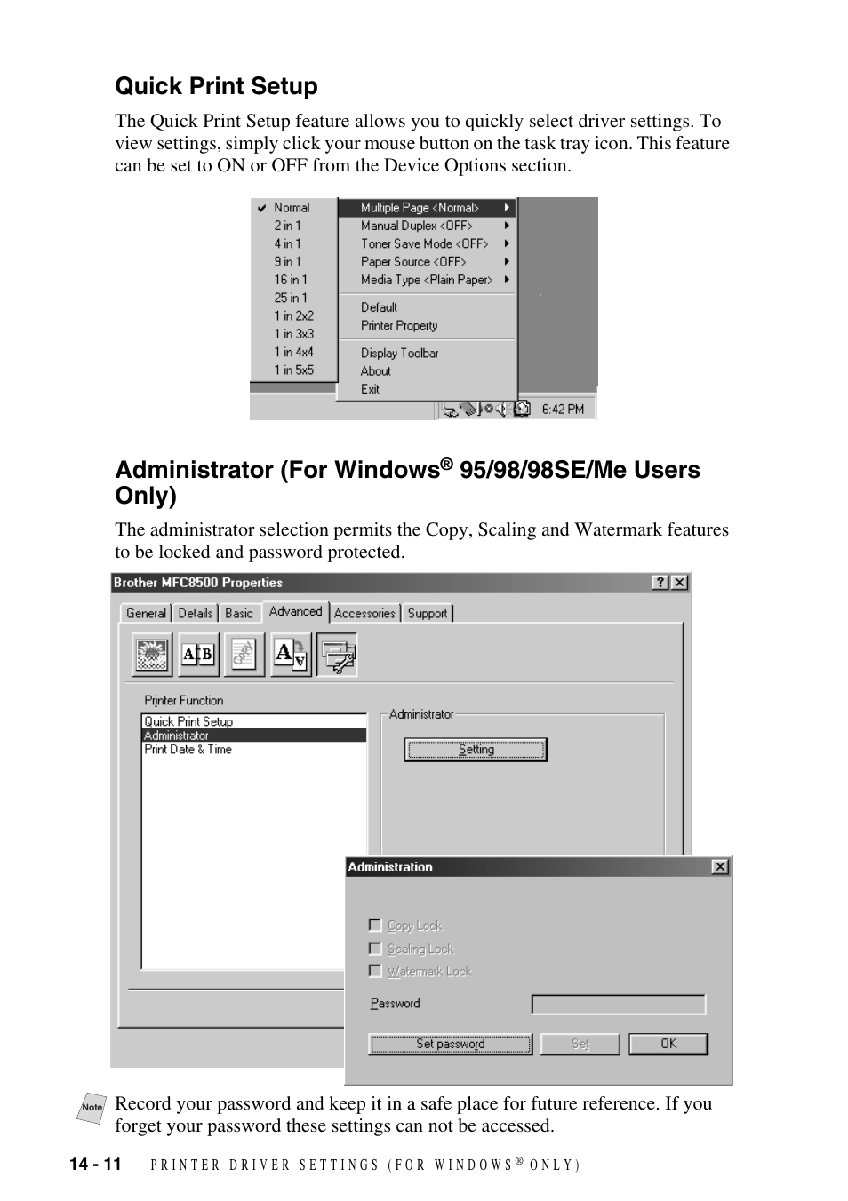 Quick print setup, Quick print setup -11 administrator, For windows | 95/98/98se/me users only) -11, Administrator (for windows | Brother MFC-8500 User Manual | Page 126 / 234
