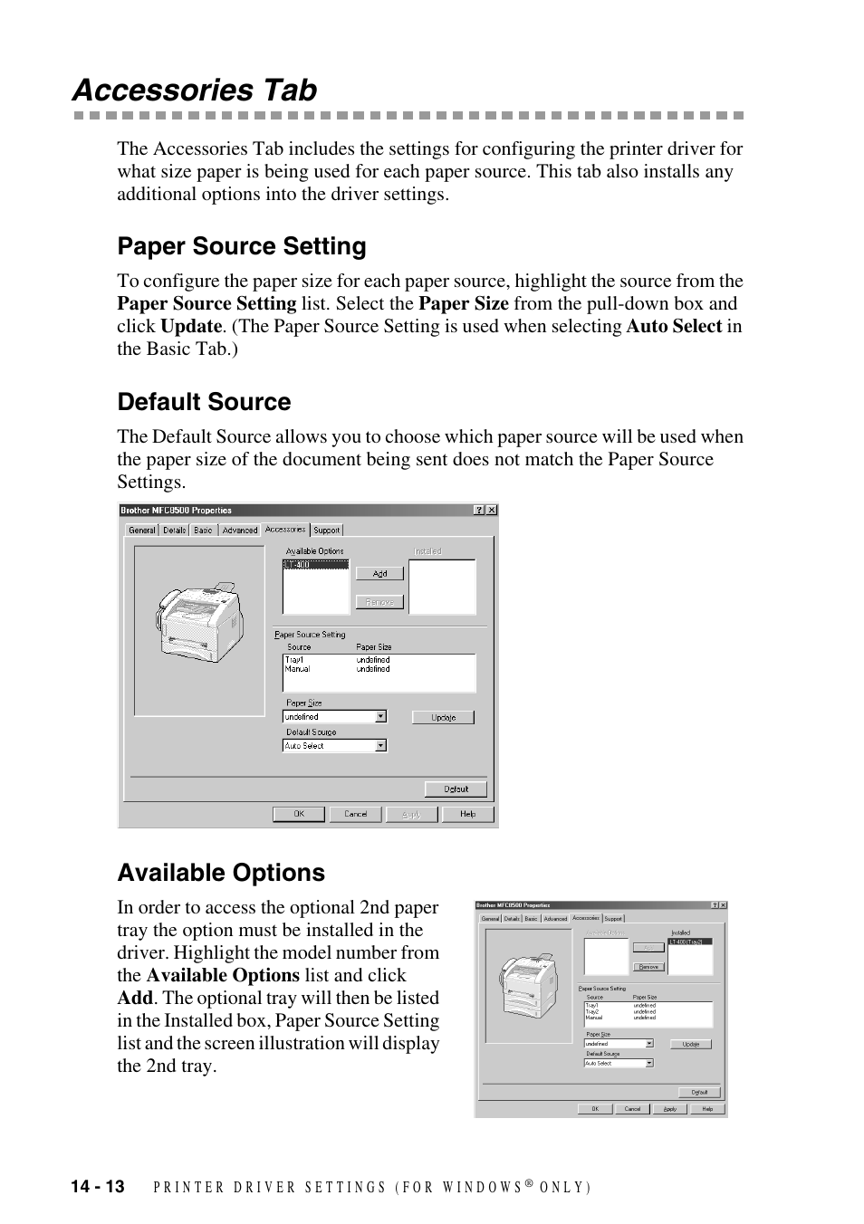 Accessories tab, Paper source setting, Default source | Available options, Accessories tab -13, Paper source setting -13 default source -13, Available options -13 | Brother MFC-8500 User Manual | Page 128 / 234