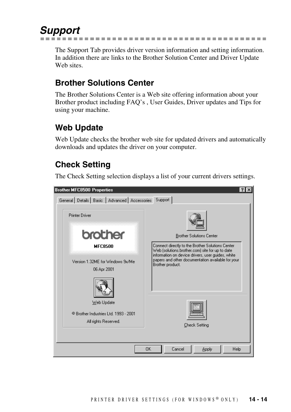 Support, Brother solutions center, Web update | Check setting, Support -14 | Brother MFC-8500 User Manual | Page 129 / 234