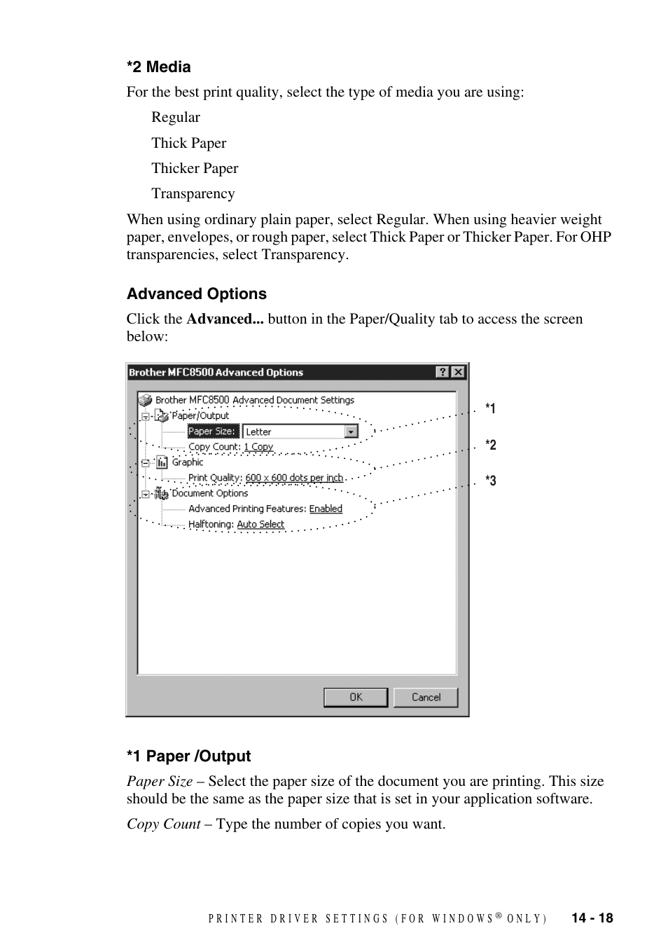 2 media, Advanced options, 1 paper /output | Brother MFC-8500 User Manual | Page 133 / 234