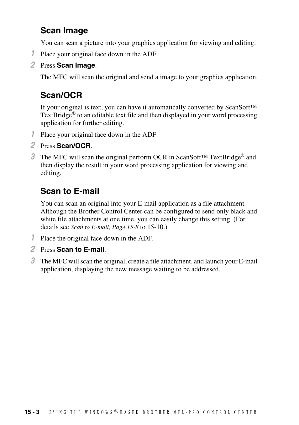 Scan image, Scan/ocr, Scan to e-mail | Scan image -3 scan/ocr -3 scan to e-mail -3 | Brother MFC-8500 User Manual | Page 138 / 234