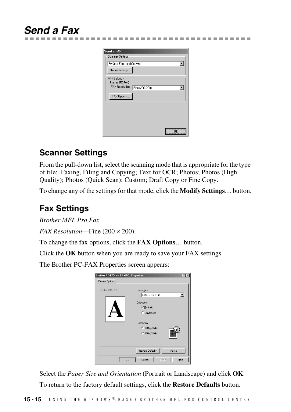 Send a fax, Scanner settings, Fax settings | Send a fax -15, Scanner settings -15 fax settings -15 | Brother MFC-8500 User Manual | Page 150 / 234