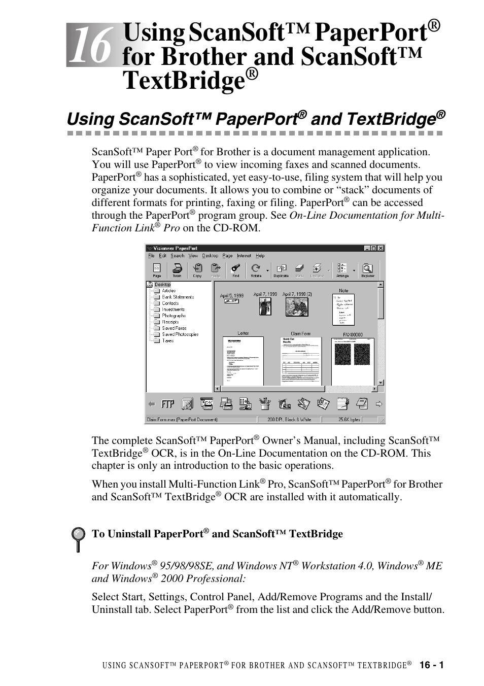 Using scansoft™ paperport® and textbridge, Using scansoft™ paperport, For brother and scansoft | Textbridge, And textbridge, For brother and scansoft™ textbridge | Brother MFC-8500 User Manual | Page 151 / 234