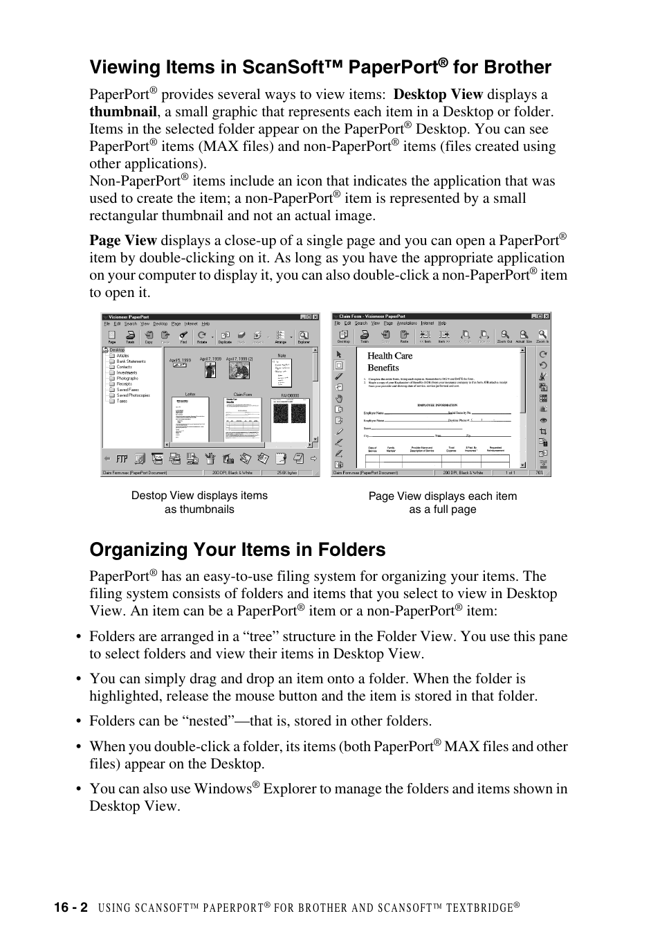Viewing items in scansoft™ paperport® for brother, Organizing your items in folders, Viewing items in scansoft™ paperport | For brother -2, Organizing your items in folders -2, For brother | Brother MFC-8500 User Manual | Page 152 / 234