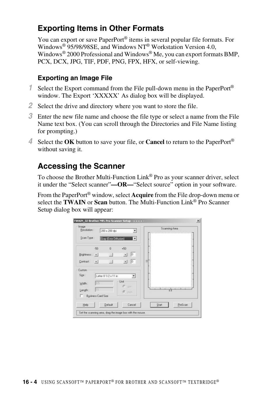 Exporting items in other formats, Exporting an image file, Accessing the scanner | Exporting items in other formats -4, Exporting an image file -4, Accessing the scanner -4 | Brother MFC-8500 User Manual | Page 154 / 234
