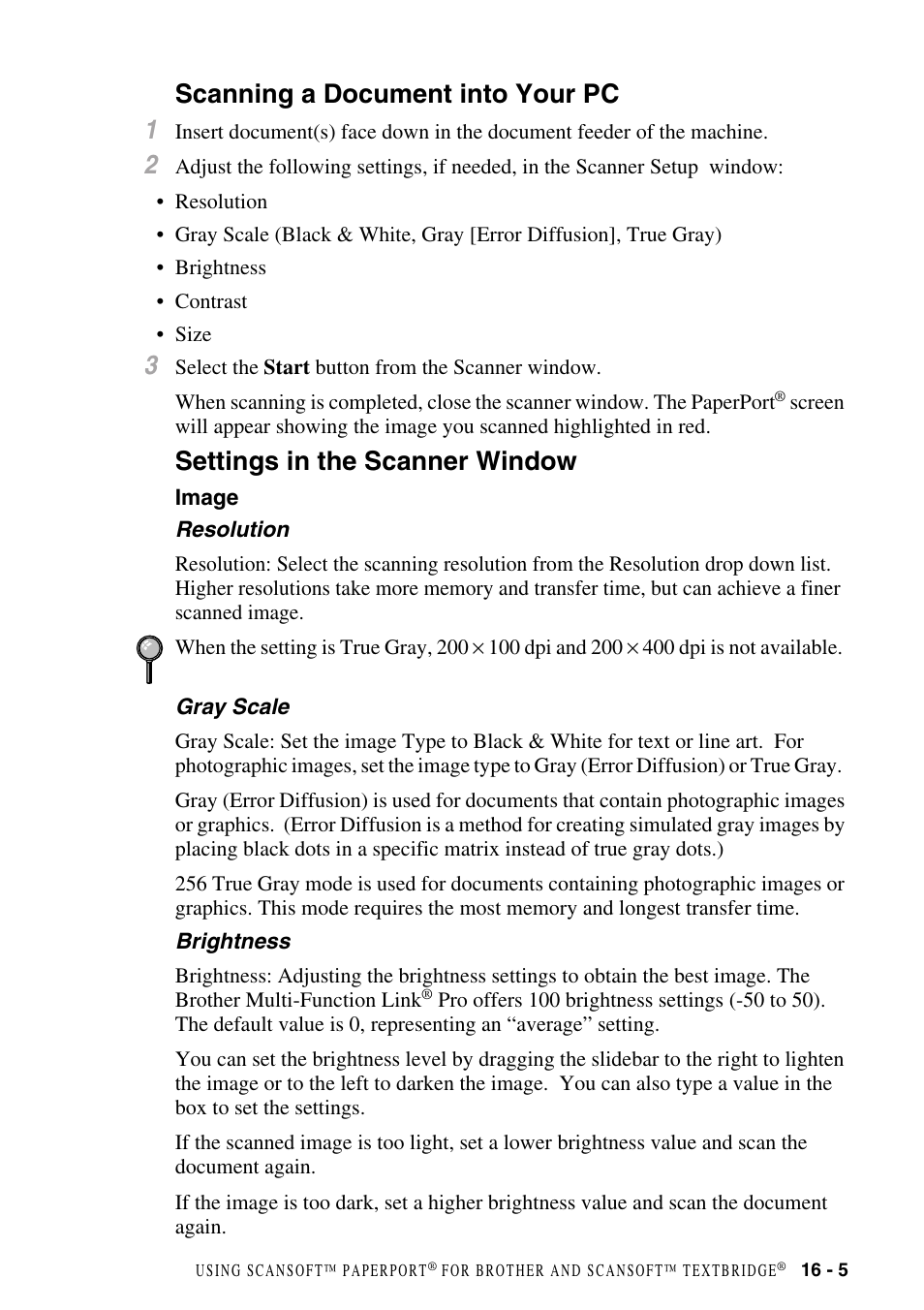 Scanning a document into your pc, Settings in the scanner window, Image | Image -5, Scanning a document into your pc 1 | Brother MFC-8500 User Manual | Page 155 / 234