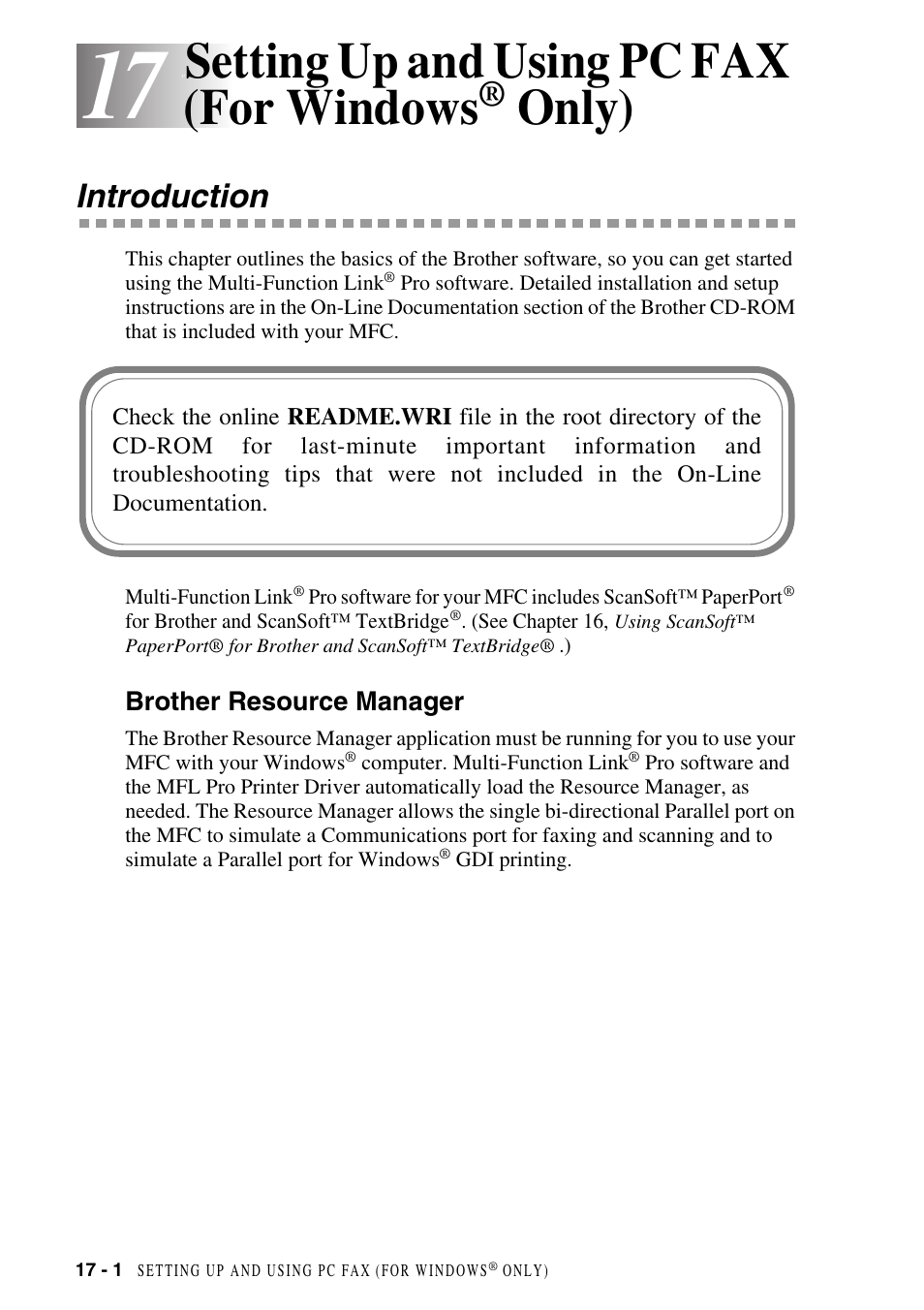 17 setting up and using pc fax (for windows® only), Introduction, Brother resource manager | Setting up and using pc fax (for windows, Only) -1, Introduction -1, Brother resource manager -1, Only) | Brother MFC-8500 User Manual | Page 158 / 234