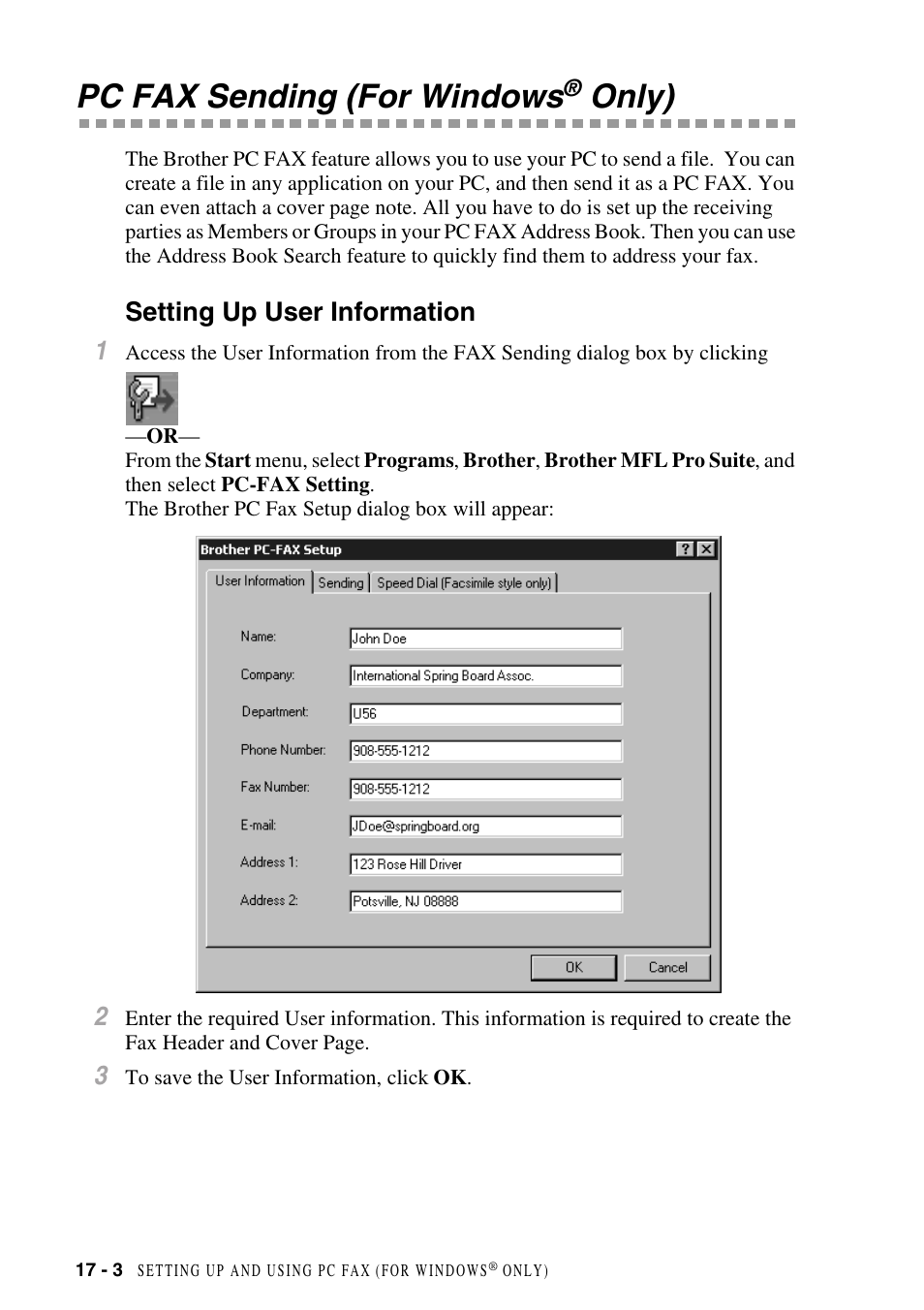 Pc fax sending (for windows® only), Setting up user information, Pc fax sending (for windows | Only) -3, Setting up user information -3, Only), Setting up user information 1 | Brother MFC-8500 User Manual | Page 160 / 234