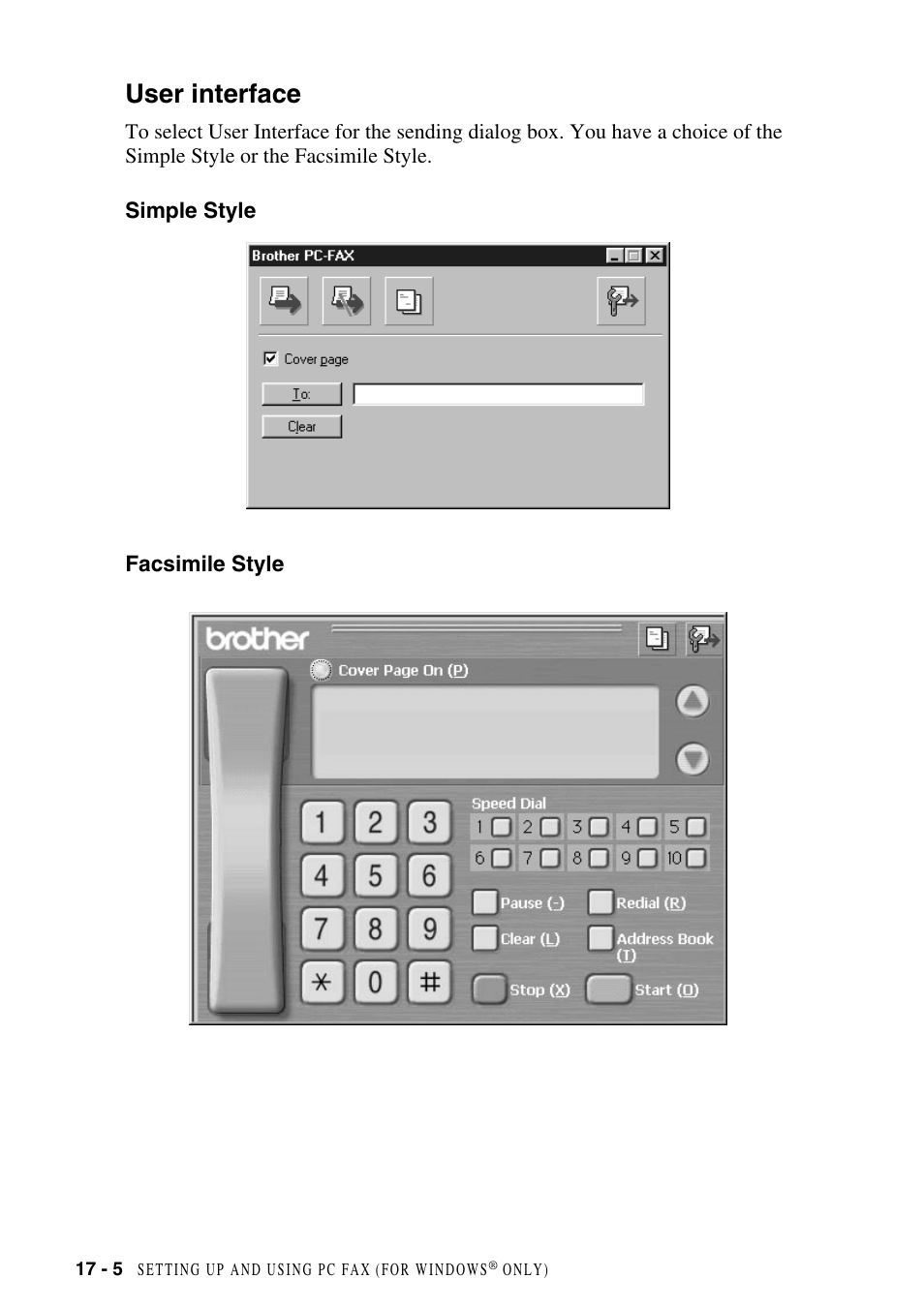 User interface, Simple style, Facsimile style | User interface -5, Simple style -5 facsimile style -5 | Brother MFC-8500 User Manual | Page 162 / 234