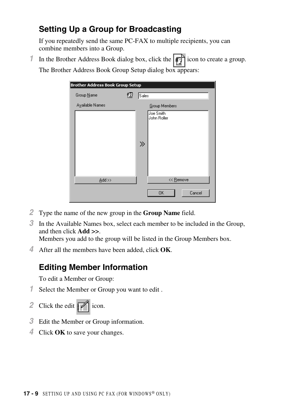 Setting up a group for broadcasting, Editing member information | Brother MFC-8500 User Manual | Page 166 / 234