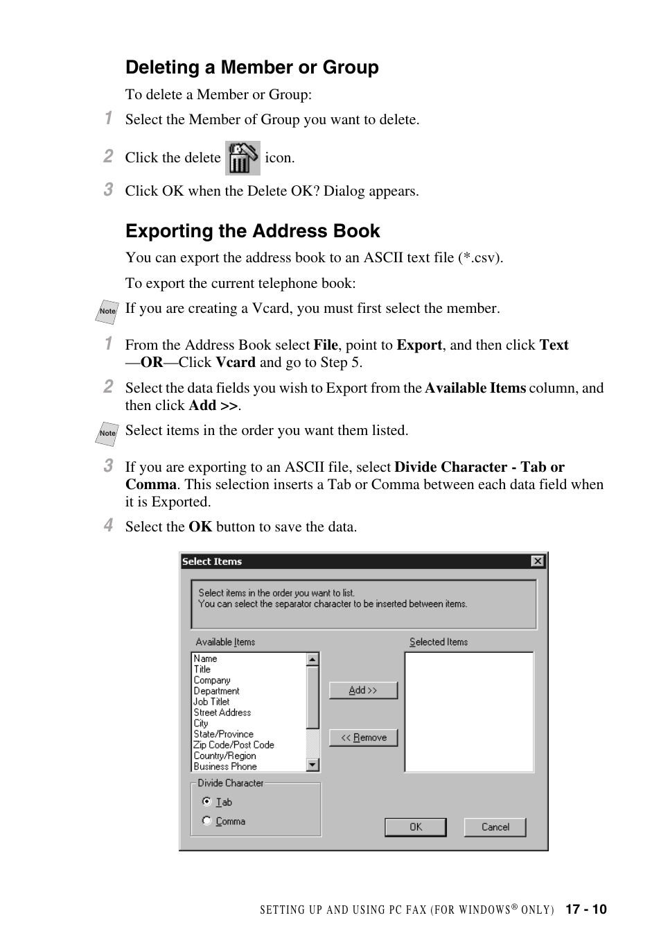 Deleting a member or group, Exporting the address book | Brother MFC-8500 User Manual | Page 167 / 234