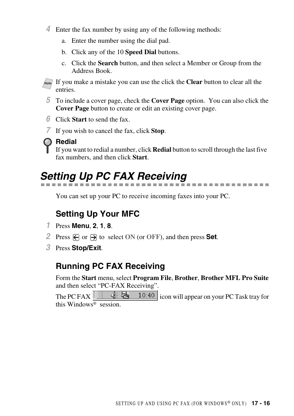 Setting up pc fax receiving, Setting up your mfc, Running pc fax receiving | Setting up pc fax receiving -16, Setting up your mfc 1 | Brother MFC-8500 User Manual | Page 173 / 234