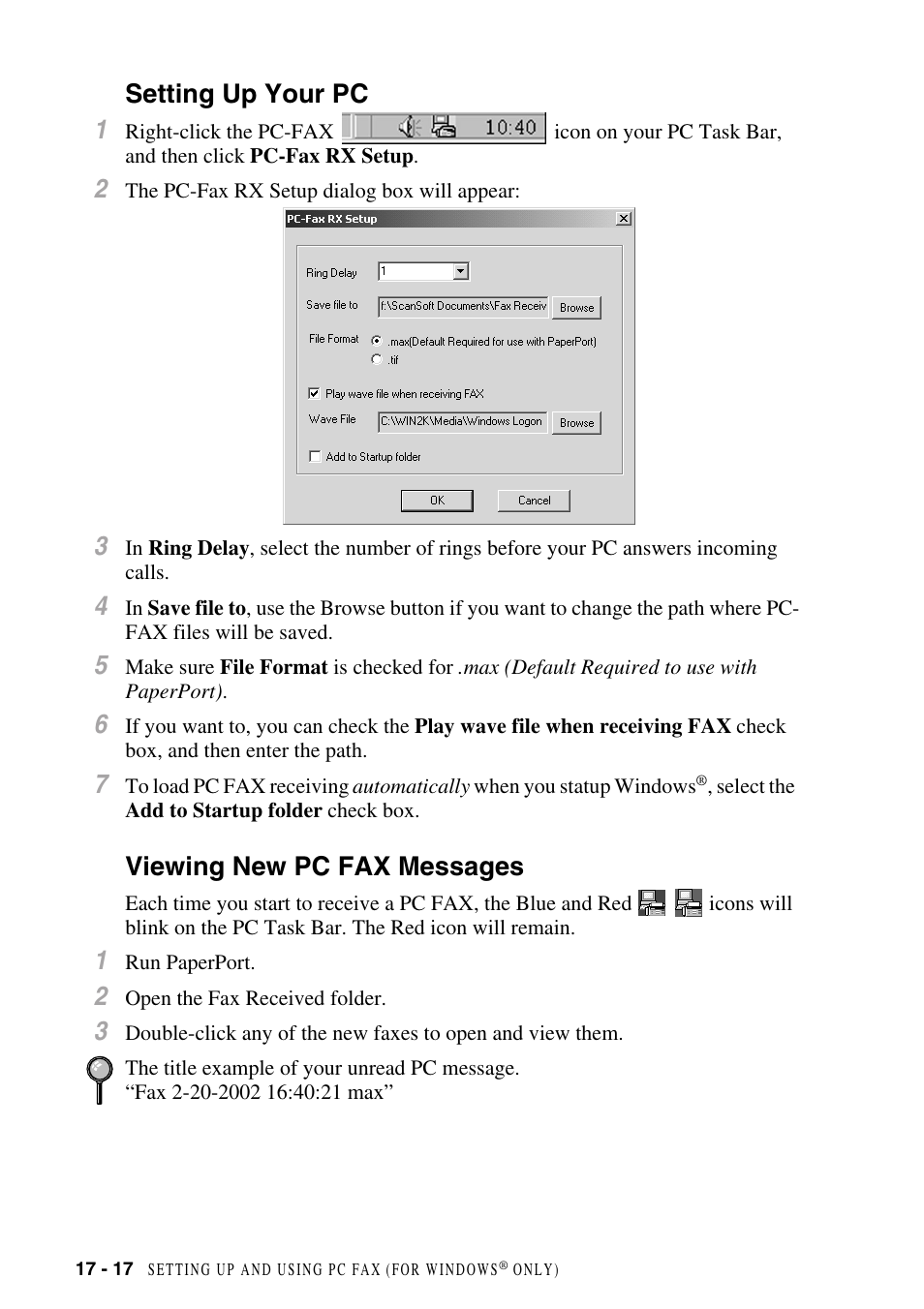 Setting up your pc, Viewing new pc fax messages, Setting up your pc 1 | Brother MFC-8500 User Manual | Page 174 / 234