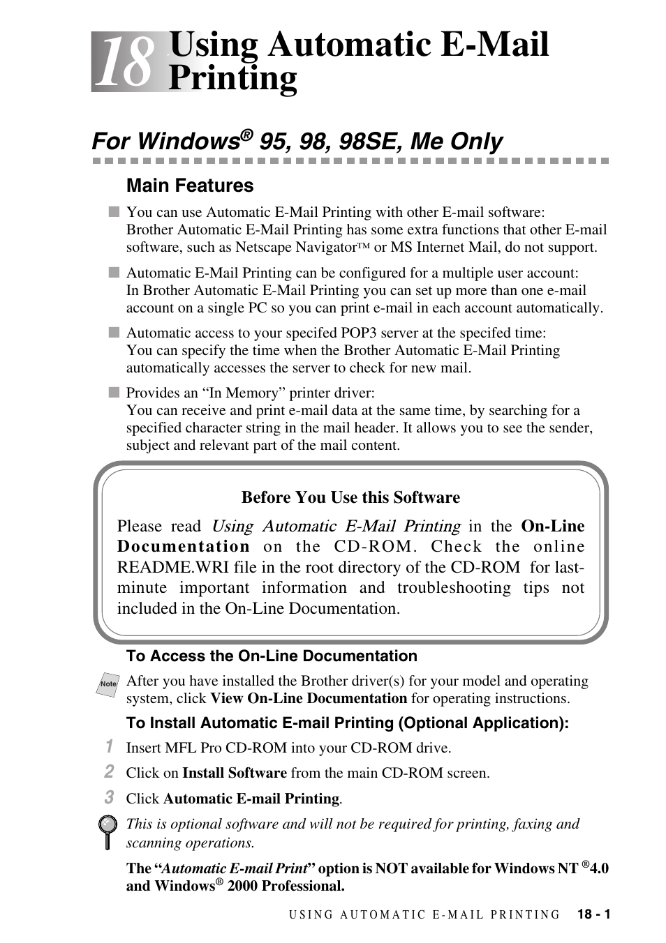 18 using automatic e-mail printing, For windows® 95, 98, 98se, me only, Main features | To access the on-line documentation, Using automatic e-mail printing -1, For windows, 95, 98, 98se, me only -1, Main features -1, Using automatic e-mail printing | Brother MFC-8500 User Manual | Page 175 / 234