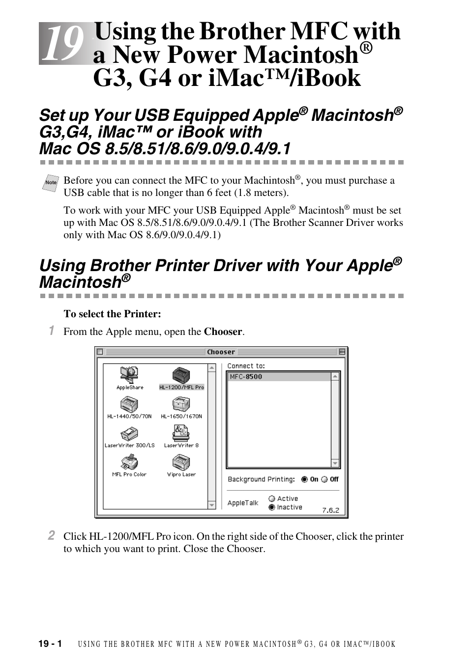 Using the brother mfc with a new power macintosh, G3, g4 or imac™/ibook -1, Set up your usb equipped apple | Macintosh, G3,g4, Using brother printer driver with your apple, G3, g4 or imac™/ibook | Brother MFC-8500 User Manual | Page 176 / 234