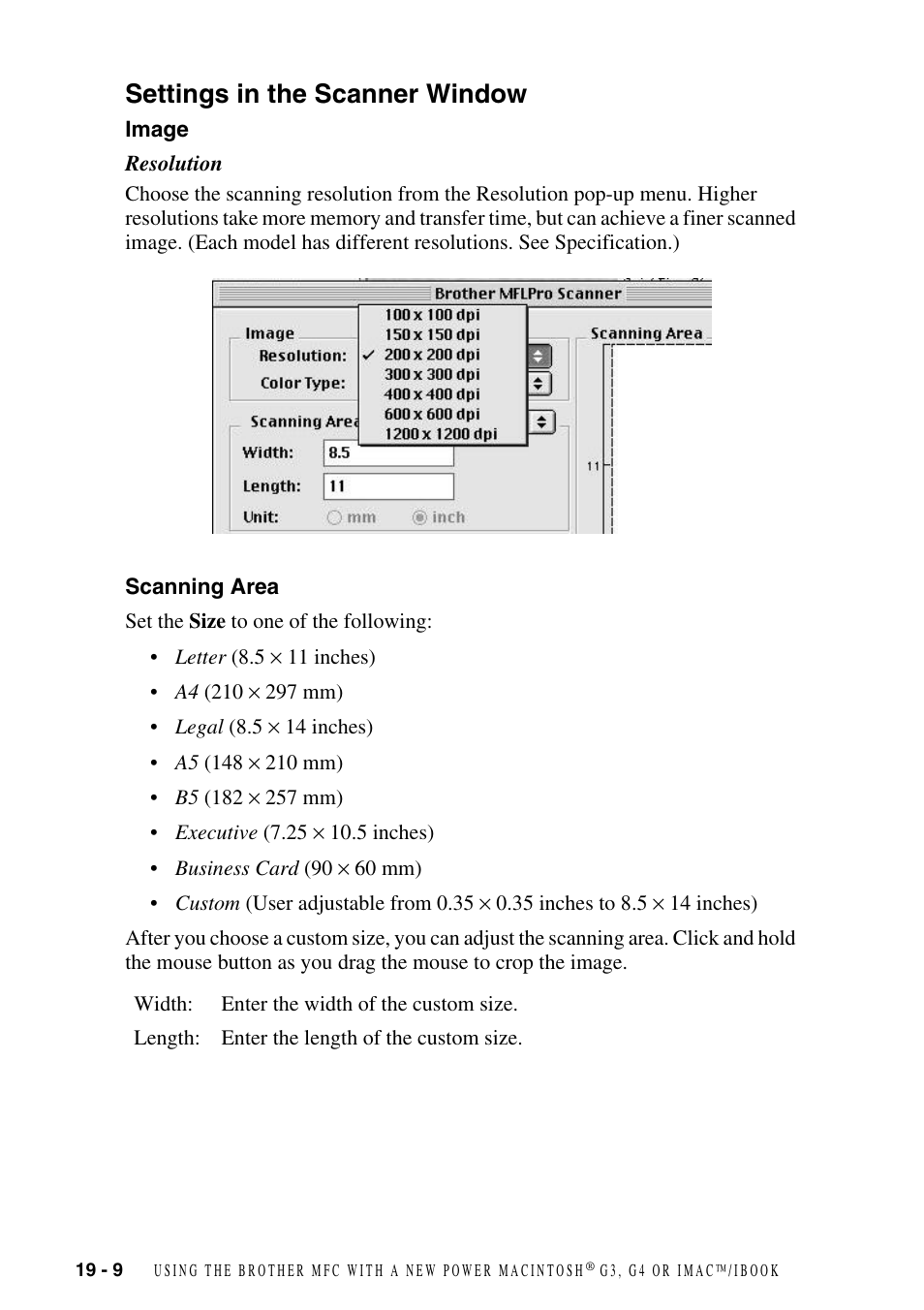 Settings in the scanner window, Image, Scanning area | Settings in the scanner window -9, Image -9 scanning area -9 | Brother MFC-8500 User Manual | Page 184 / 234