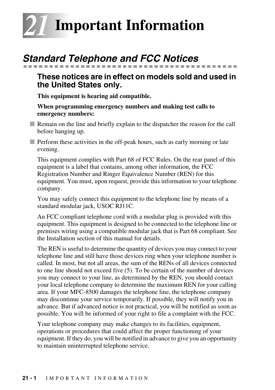 21 important information, Standard telephone and fcc notices, Important information -1 | Standard telephone and fcc notices -1, Important information | Brother MFC-8500 User Manual | Page 188 / 234