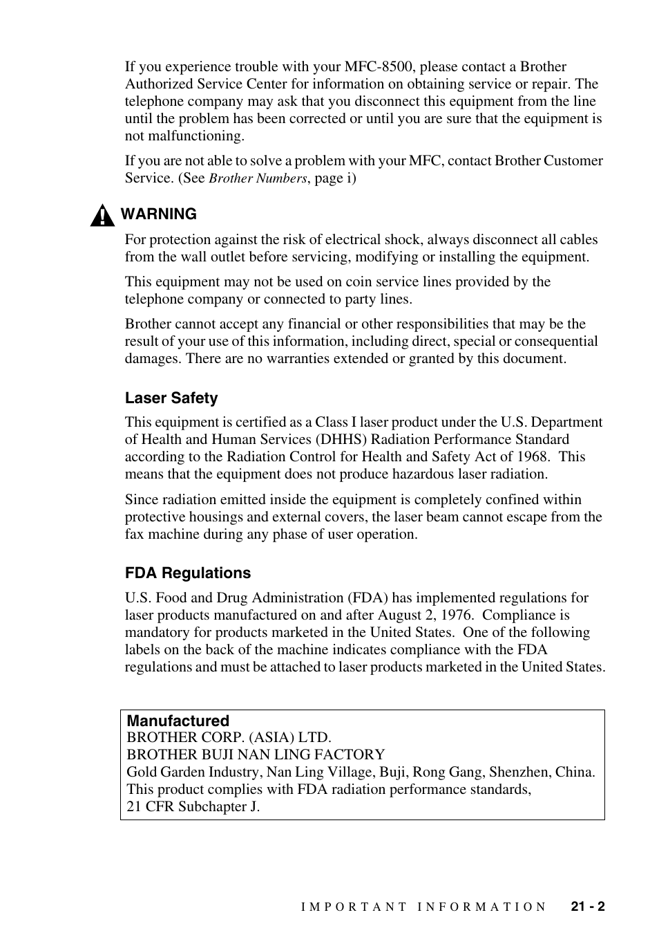 Laser safety, Fda regulations, Manufactured | Laser safety -2 fda regulations -2 manufactured -2 | Brother MFC-8500 User Manual | Page 189 / 234