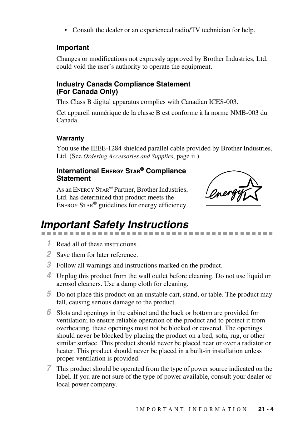 Important, Warranty, International energy star® compliance statement | Important safety instructions, Important -4 industry canada compliance statement, For canada only) -4, Warranty -4 international energy star, Compliance, Statement -4, Important safety instructions -4 | Brother MFC-8500 User Manual | Page 191 / 234