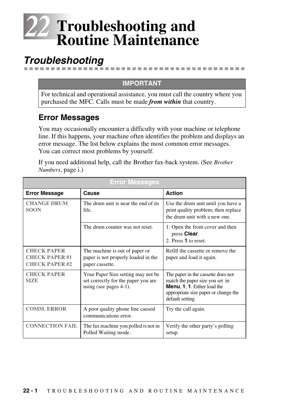 22 troubleshooting and routine maintenance, Troubleshooting, Error messages | Troubleshooting and routine maintenance -1, Troubleshooting -1, Error messages -1, Troubleshooting and routine maintenance | Brother MFC-8500 User Manual | Page 194 / 234