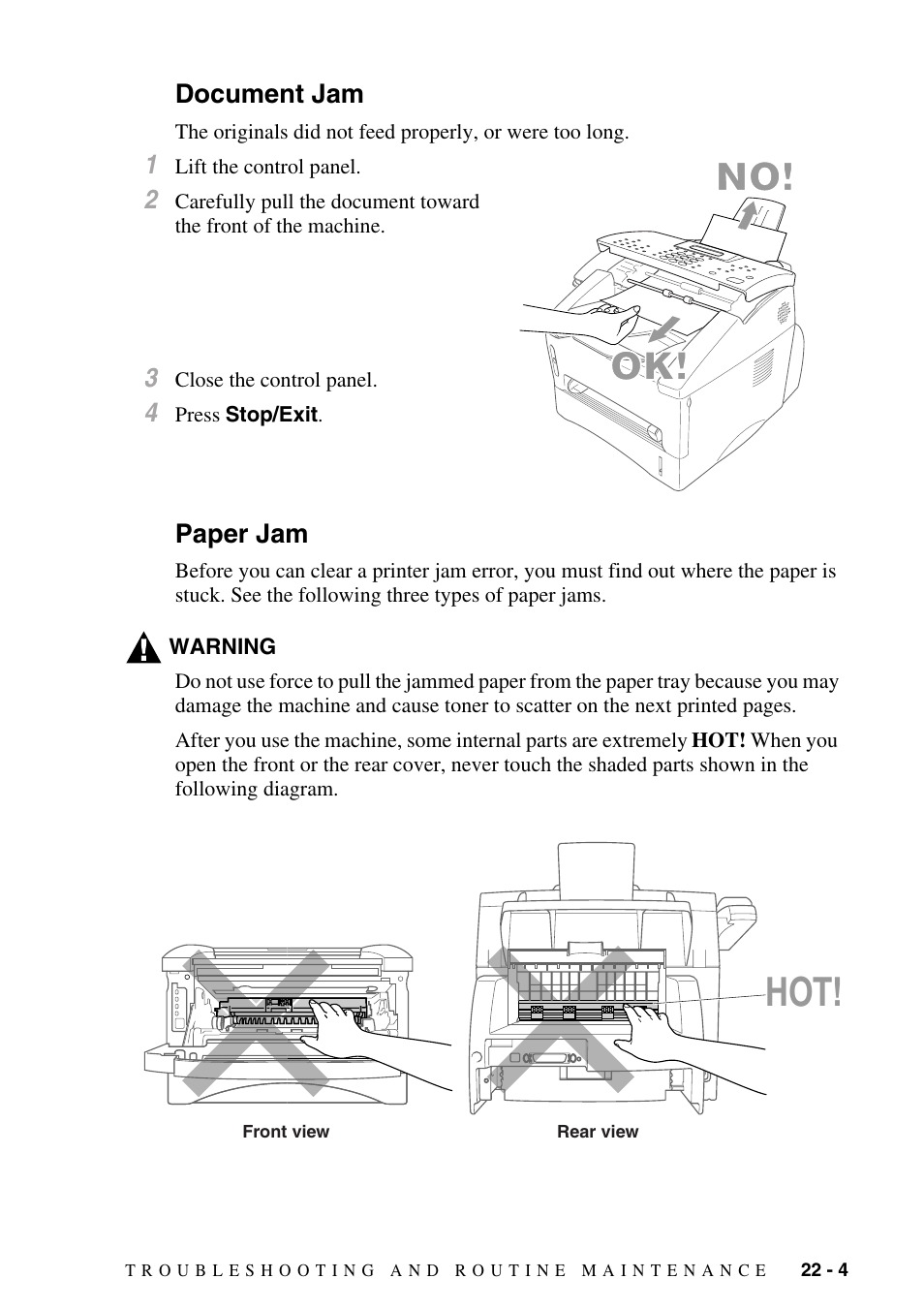 Document jam, Paper jam, Document jam -4 paper jam -4 | Brother MFC-8500 User Manual | Page 197 / 234