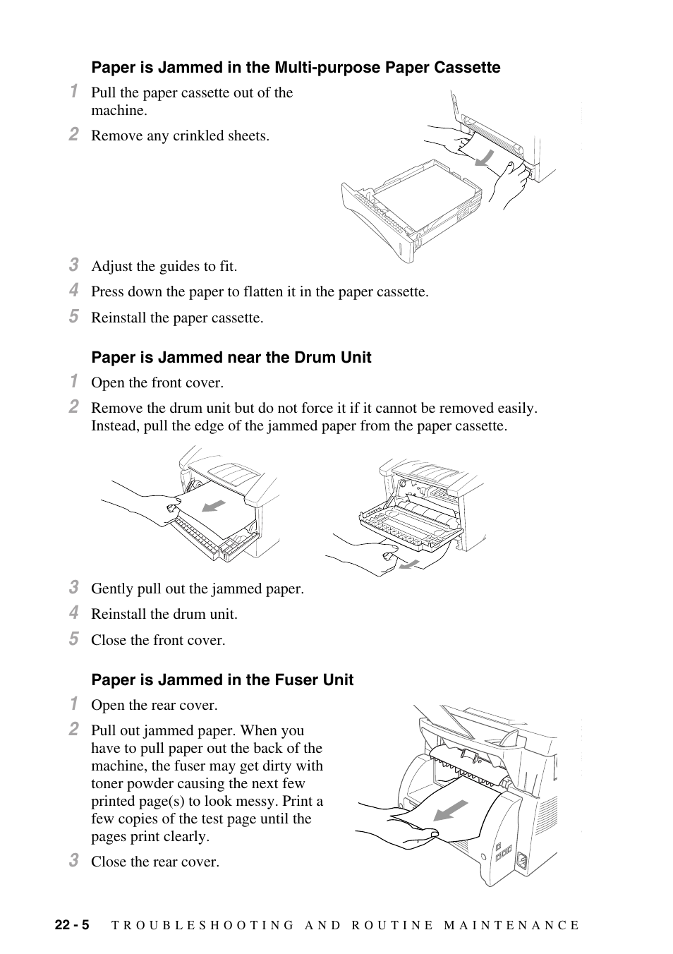 Paper is jammed near the drum unit, Paper is jammed in the fuser unit, Paper is jammed in the multi-purpose | Paper cassette | Brother MFC-8500 User Manual | Page 198 / 234