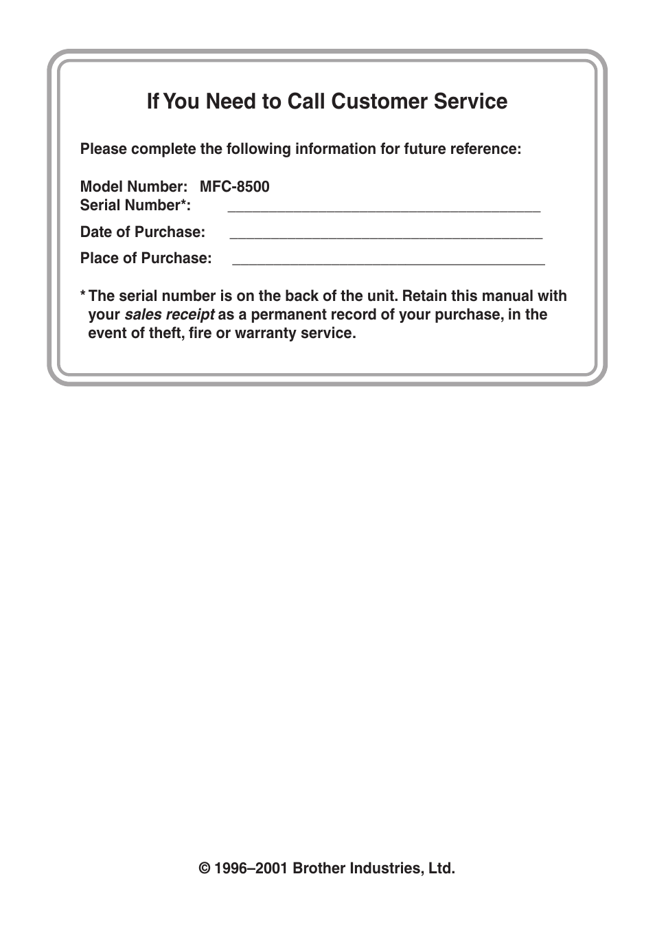 If you need to call customer service | Brother MFC-8500 User Manual | Page 2 / 234