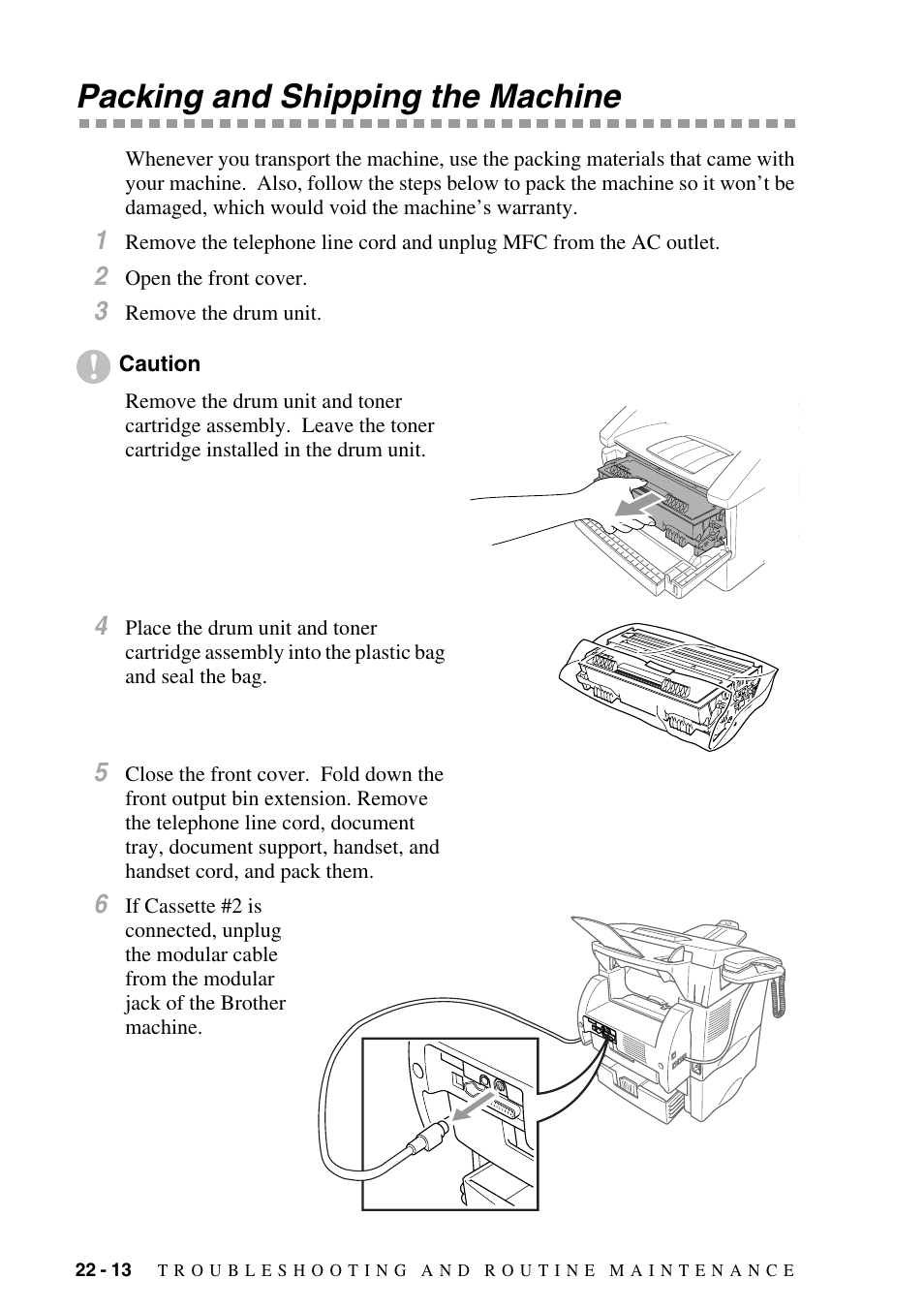 Packing and shipping the machine, Packing and shipping the machine -13 | Brother MFC-8500 User Manual | Page 206 / 234