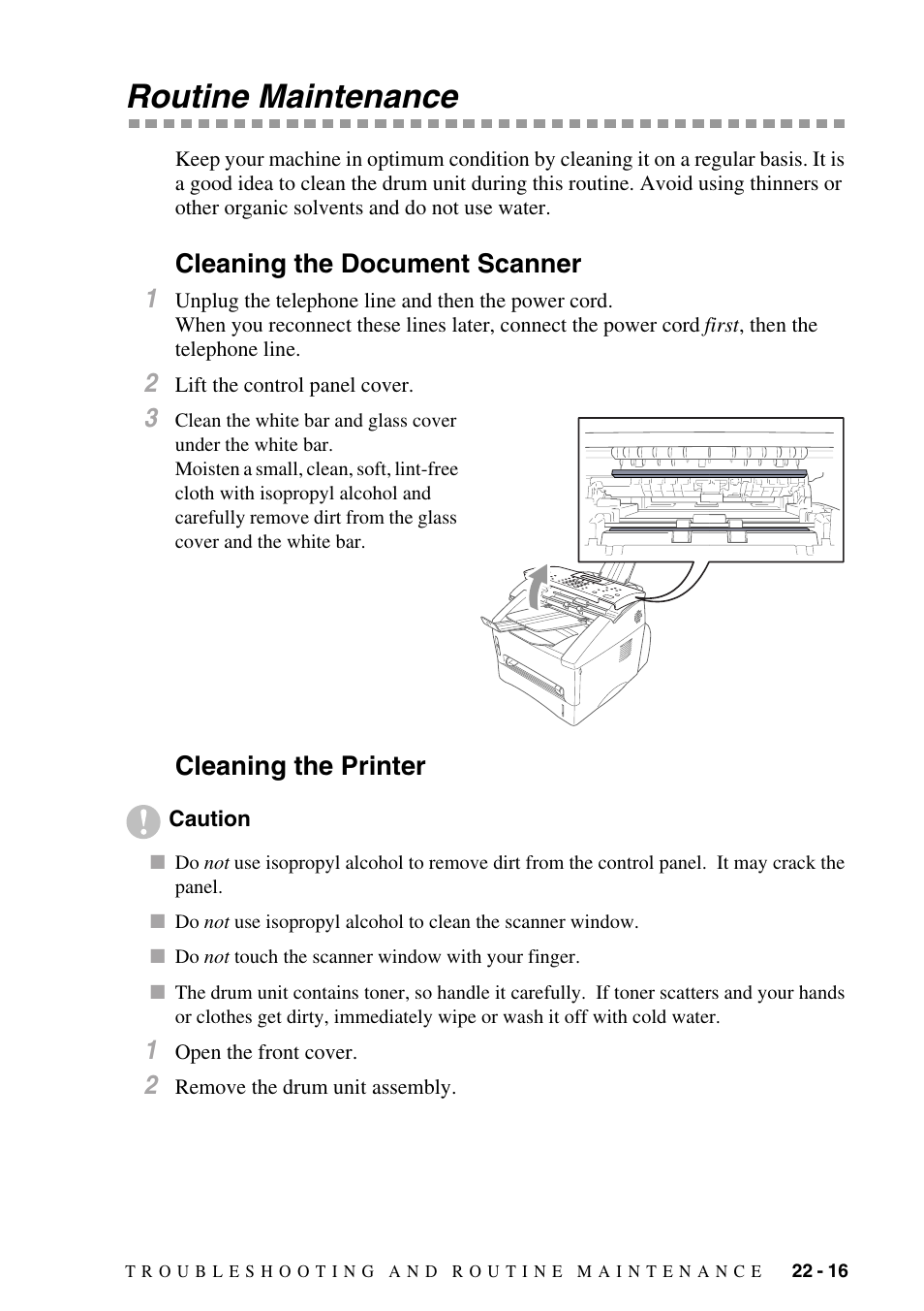 Routine maintenance, Cleaning the document scanner, Cleaning the printer | Routine maintenance -16, Cleaning the document scanner 1 | Brother MFC-8500 User Manual | Page 209 / 234