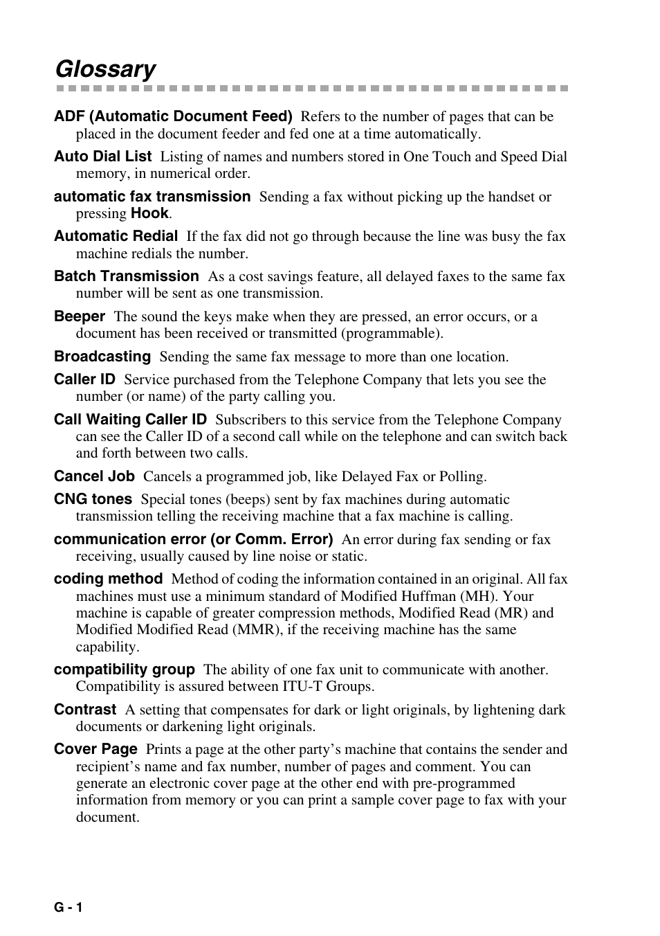 Glossary | Brother MFC-8500 User Manual | Page 216 / 234