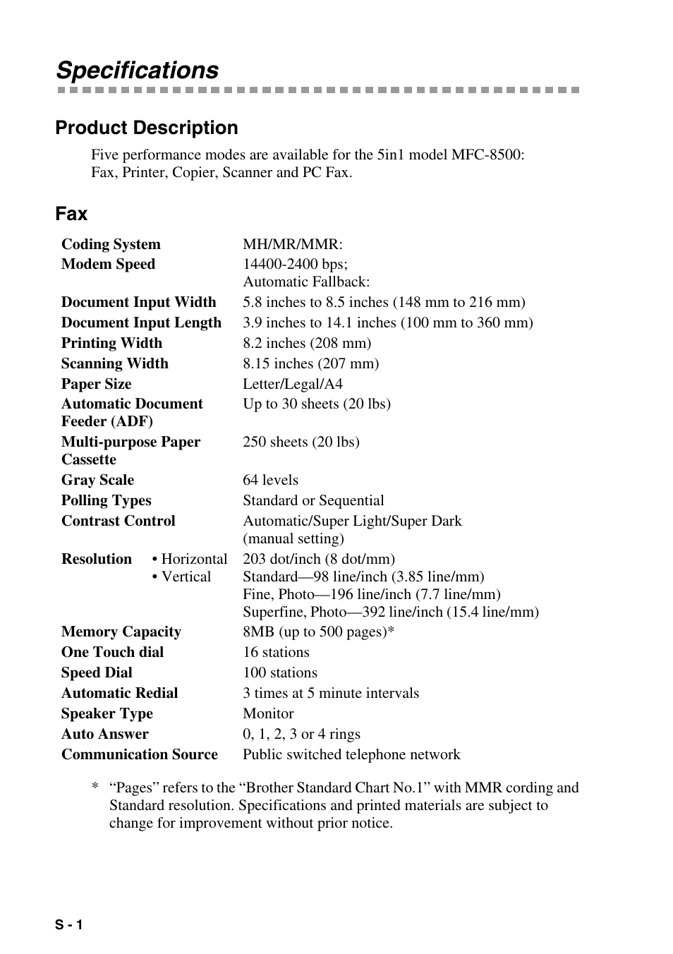 Specifications, Product description | Brother MFC-8500 User Manual | Page 220 / 234