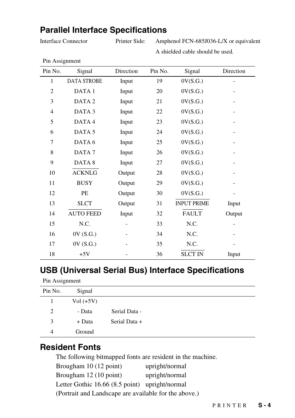 Parallel interface specifications, Resident fonts | Brother MFC-8500 User Manual | Page 223 / 234