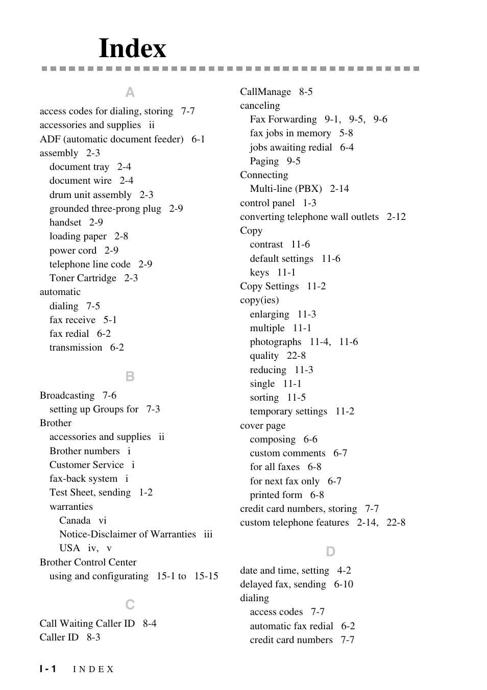 Index | Brother MFC-8500 User Manual | Page 226 / 234