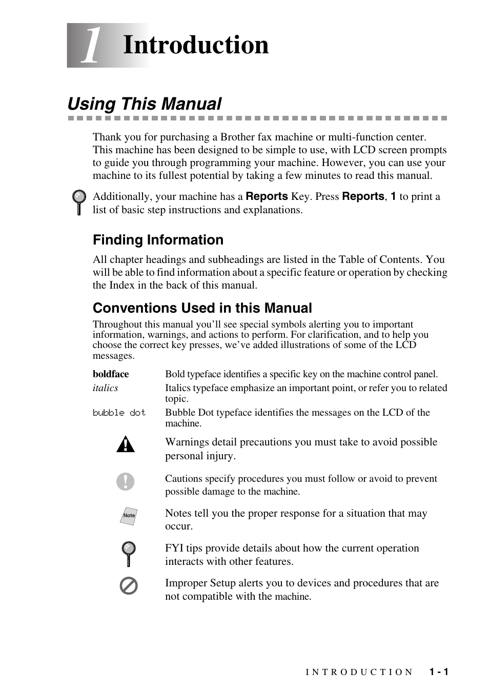 1 introduction, Using this manual, Finding information | Conventions used in this manual, Introduction -1, Using this manual -1, Introduction | Brother MFC-8500 User Manual | Page 23 / 234