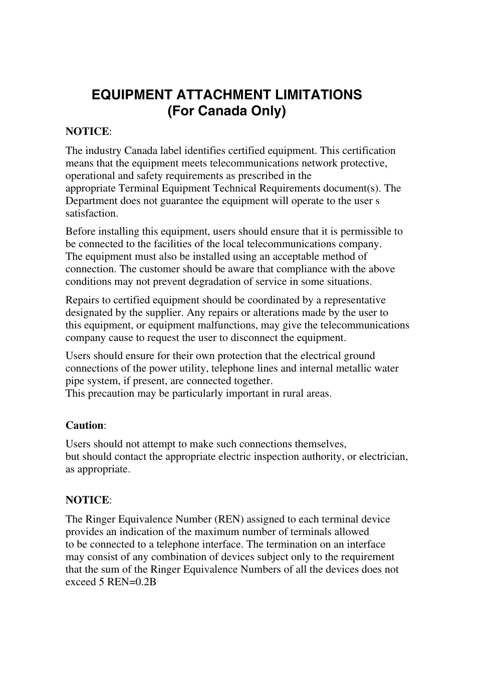 Equipment attachment limitations (for canada only) | Brother MFC-8500 User Manual | Page 233 / 234