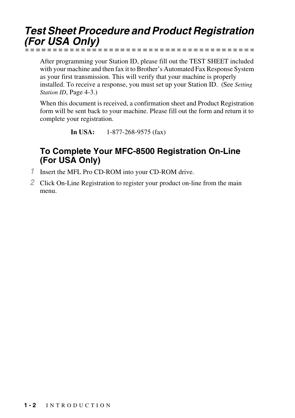 Test sheet procedure and product registration, For usa only) -2, To complete your mfc-8500 registration on-line | Brother MFC-8500 User Manual | Page 24 / 234