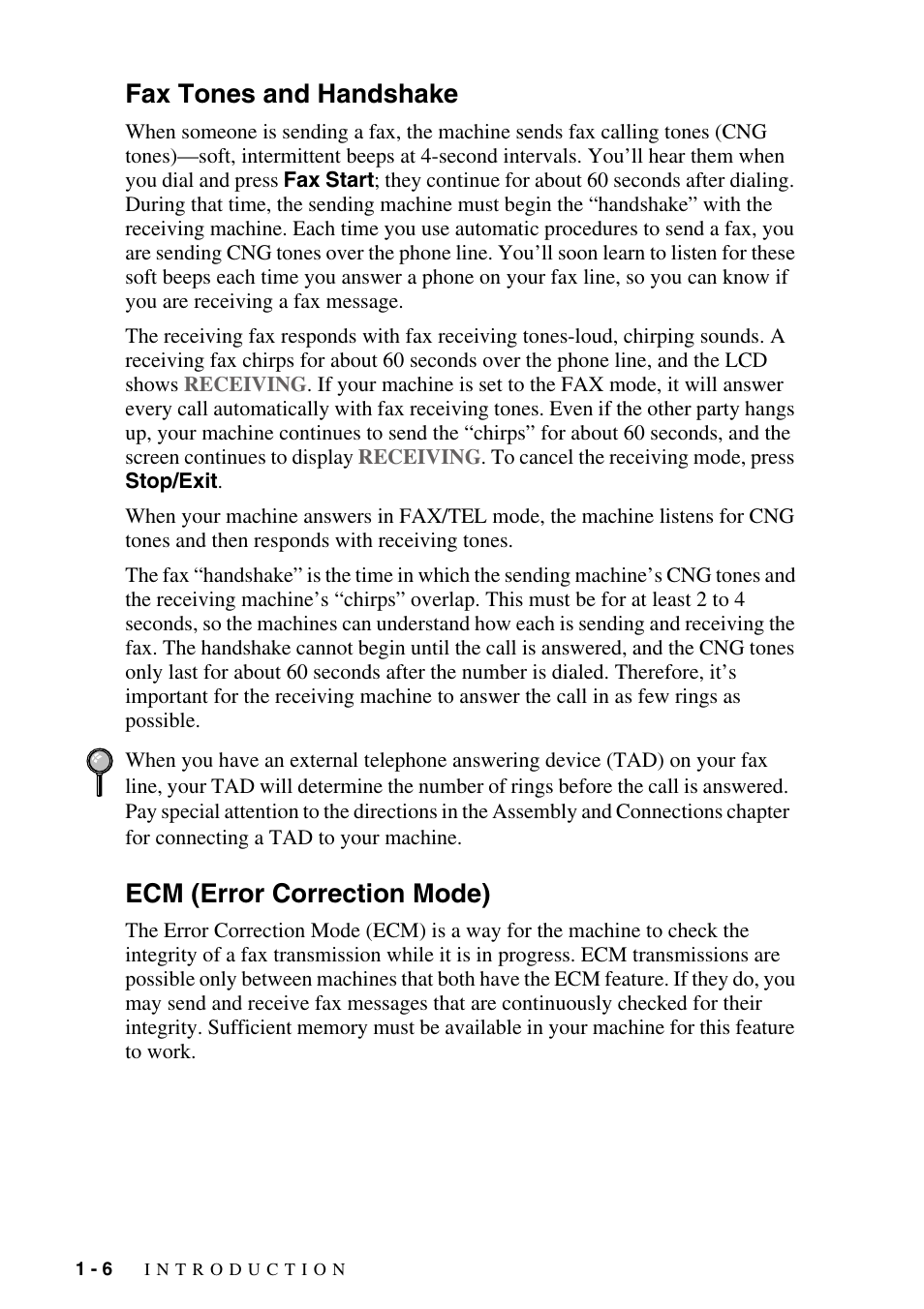 Fax tones and handshake, Ecm (error correction mode) | Brother MFC-8500 User Manual | Page 28 / 234