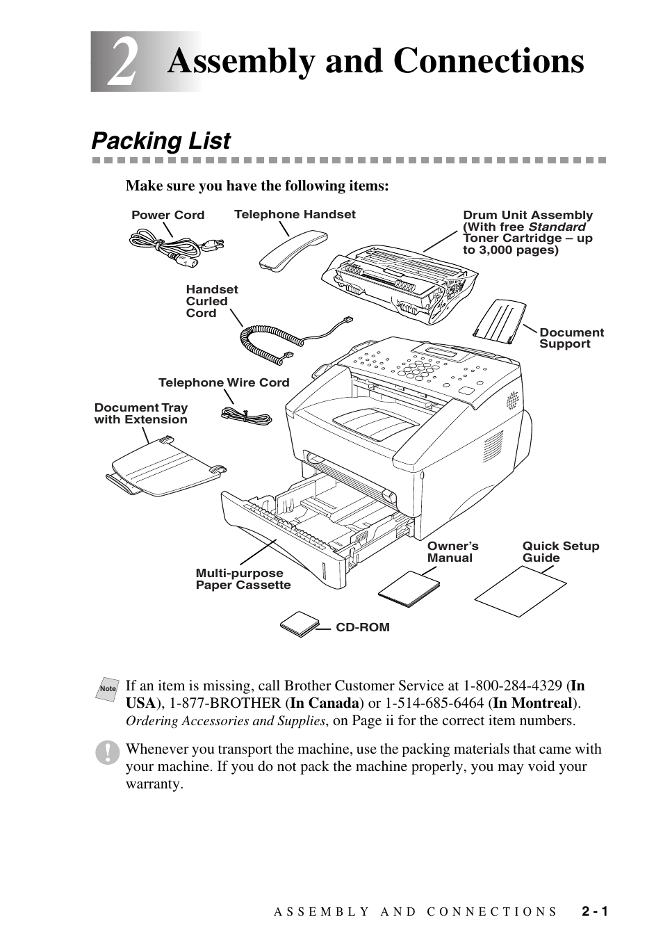 2 assembly and connections, Packing list, Assembly and connections -1 | Packing list -1, Assembly and connections | Brother MFC-8500 User Manual | Page 29 / 234