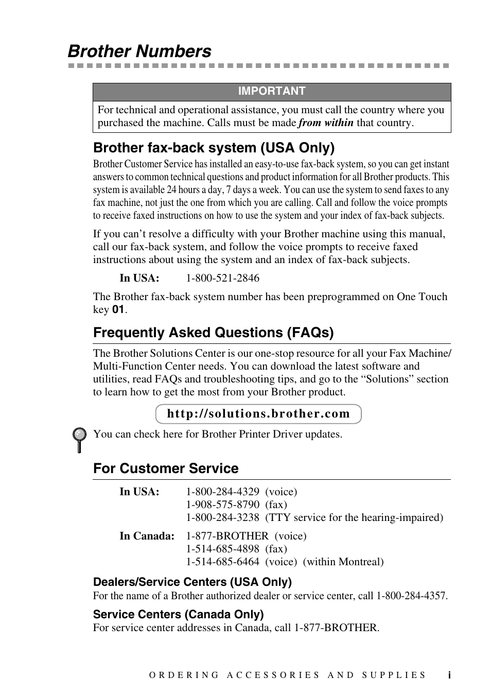 Brother numbers, Frequently asked questions (faqs), For customer service | Dealers/service centers (usa only), Service centers (canada only), Brother fax-back system (usa only) | Brother MFC-8500 User Manual | Page 3 / 234
