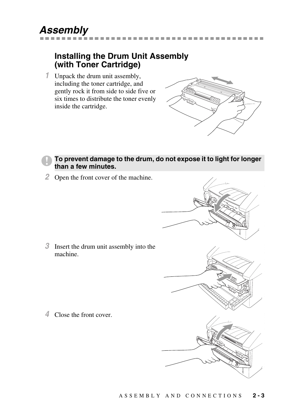 Assembly, Assembly -3, Installing the drum unit assembly | With toner cartridge) -3 | Brother MFC-8500 User Manual | Page 31 / 234