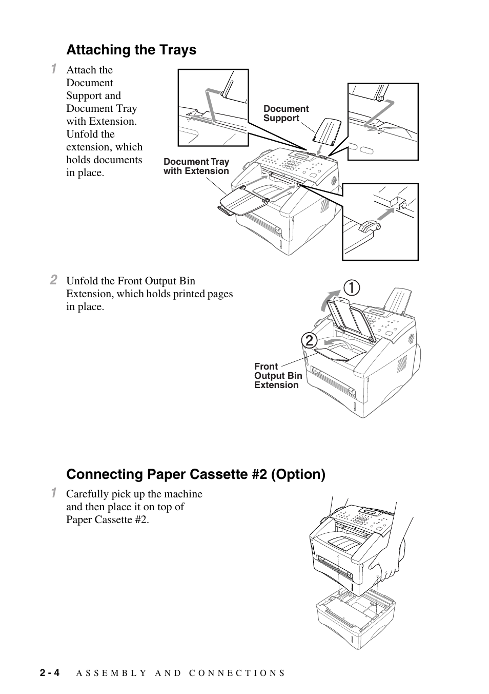 Attaching the trays, Connecting paper cassette #2 (option), Attaching the trays 1 | Connecting paper cassette #2 (option) 1 | Brother MFC-8500 User Manual | Page 32 / 234