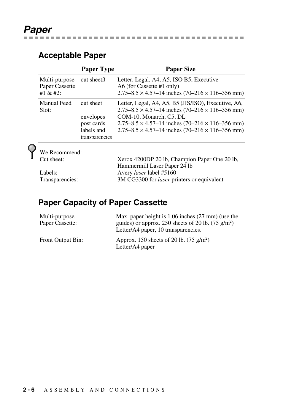 Paper, Acceptable paper, Paper capacity of paper cassette | Paper -6, Acceptable paper paper capacity of paper cassette | Brother MFC-8500 User Manual | Page 34 / 234