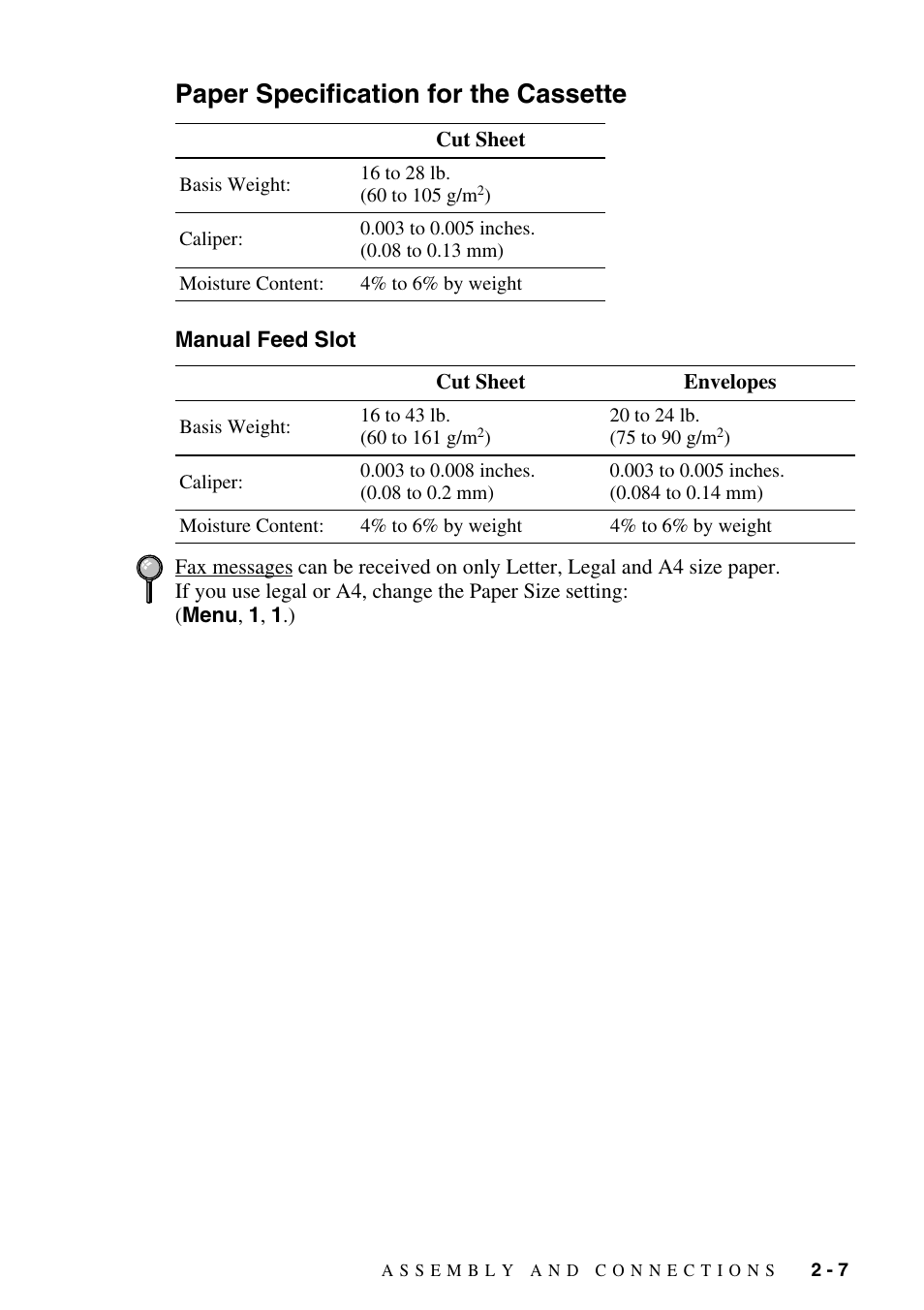 Paper specification for the cassette, Manual feed slot, Paper specification for the cassette -7 | Manual feed slot -7 | Brother MFC-8500 User Manual | Page 35 / 234