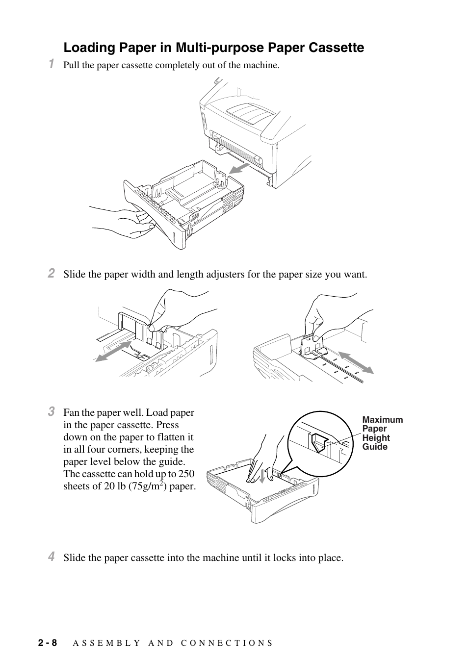 Loading paper in multi-purpose paper cassette, Loading paper in multi-purpose paper cassette -8, Loading paper in multi-purpose paper cassette 1 | Brother MFC-8500 User Manual | Page 36 / 234