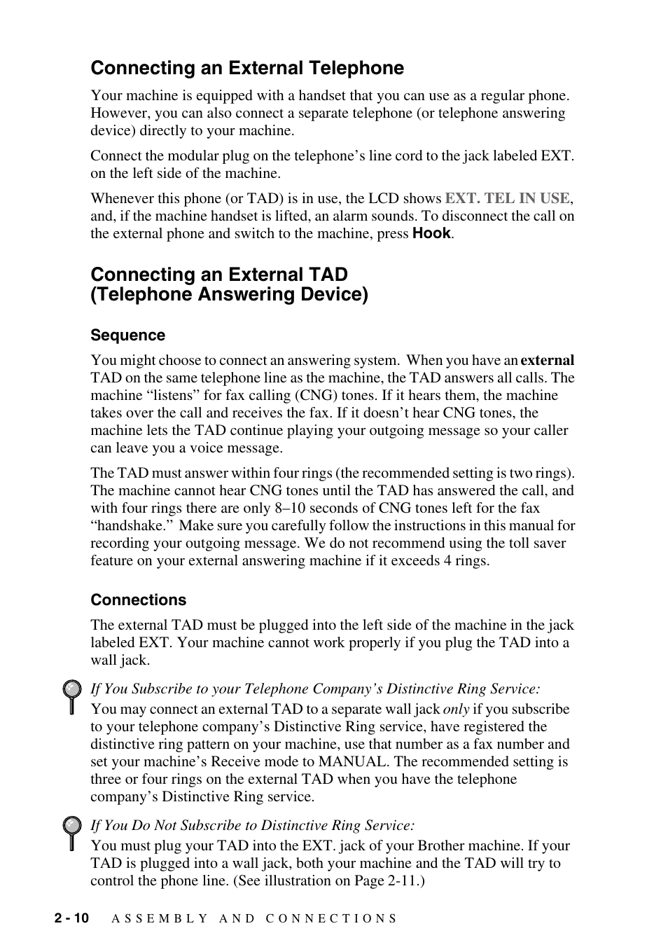 Connecting an external telephone, Sequence, Connections | Telephone answering device) -10 sequence -10, Connections -10 | Brother MFC-8500 User Manual | Page 38 / 234
