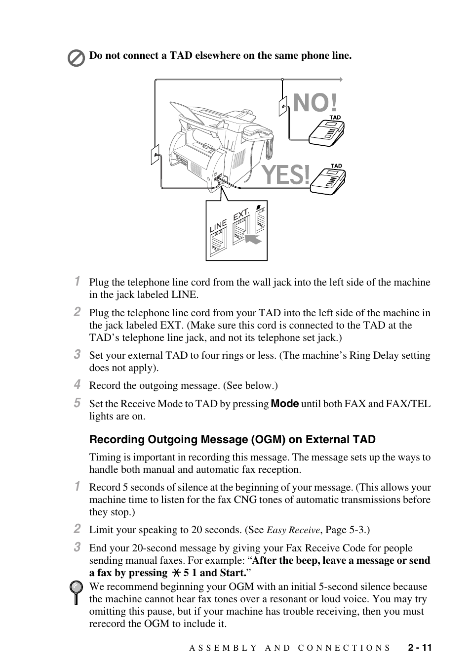Recording outgoing message (ogm) on external tad, Recording outgoing message (ogm) on, External tad -11 | Brother MFC-8500 User Manual | Page 39 / 234