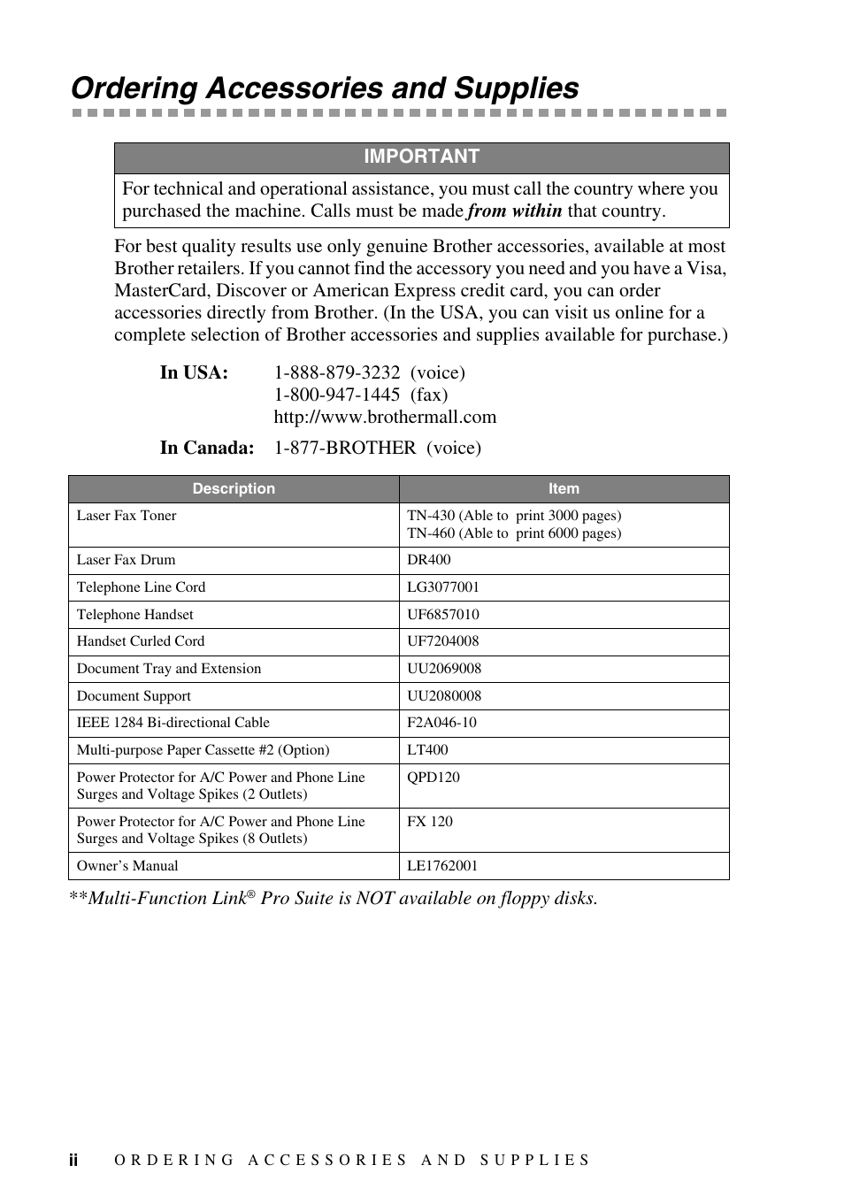 Ordering accessories and supplies | Brother MFC-8500 User Manual | Page 4 / 234