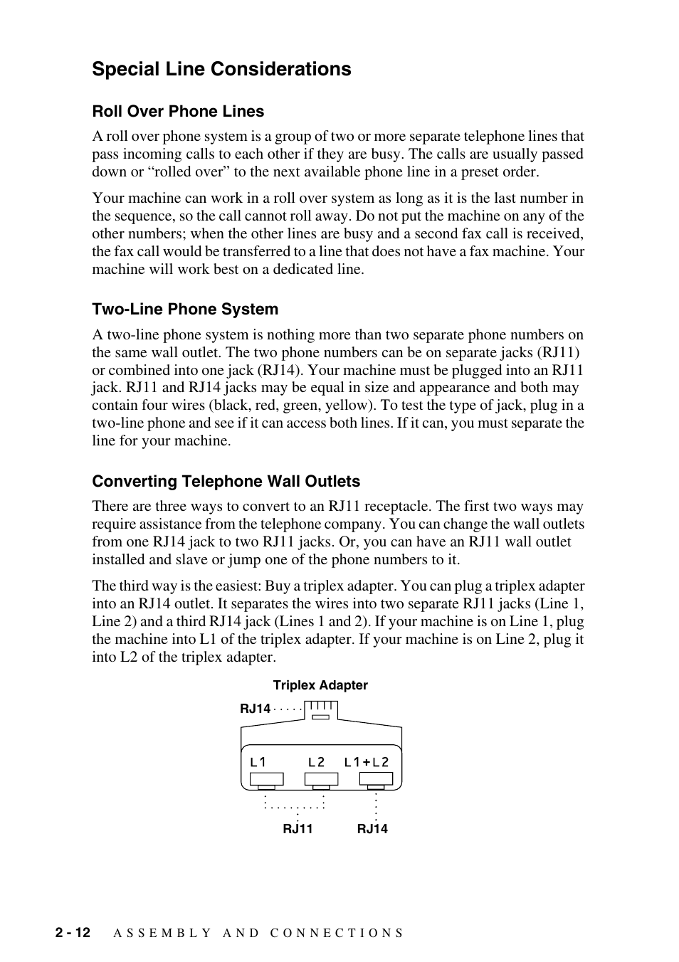 Special line considerations, Roll over phone lines, Two-line phone system | Converting telephone wall outlets, Special line considerations -12 | Brother MFC-8500 User Manual | Page 40 / 234