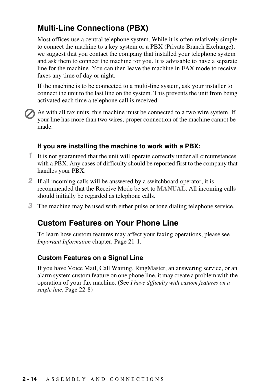 Multi-line connections (pbx), Custom features on your phone line, Custom features on a signal line | Multi-line connections (pbx) -14, Custom features on your phone line -14, Custom features on a signal line -14 | Brother MFC-8500 User Manual | Page 42 / 234